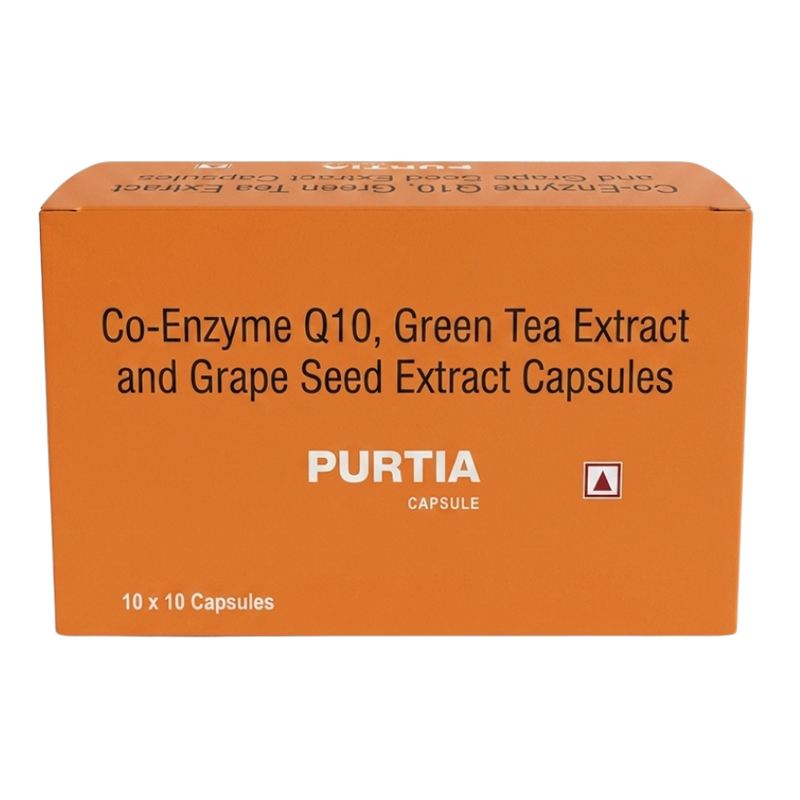 Purtia Capsule — Co-enzyme Q10 100mg+ Grape Seed Extract (50%) 20mg + Green Tea Extract (50%) 25mg