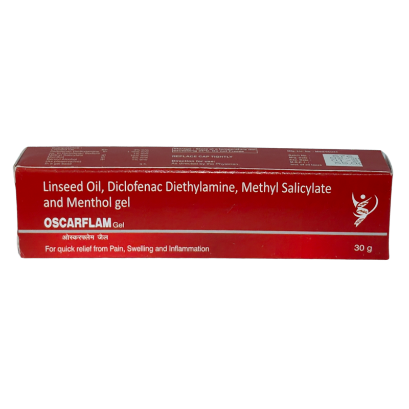 Oscarflam Gel Ointment. — Linseed Oil 3%w/w+ Diclofenac Diethylamine 1.16%w/w +eq to diclofenac sodium 1% w/w, Methyl Salicylate10%w/w+Menthol 5%w/w, Benzyl Alcohol 1%w/w
