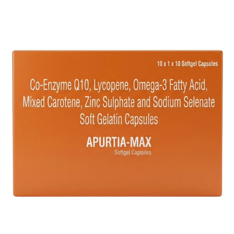Apurtia Max Softgel — Co enzyme Q10 100mg+ Lycopene 10% 5000mcg+Omega 3 Fatty acid 500 mg+eq to eicosapentaenoic acid 90 mg+eq to docosahexaenoic acid 60 mg+ mixed carotene 10% 10.33 mg+ Zinc sulphate monohydrate 17 mg+ sodium selenate 40 mcg