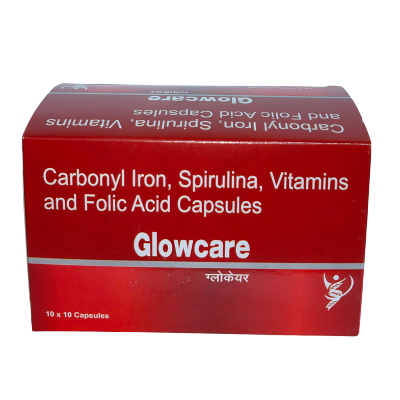 Glowcare Capsule — Carbonyl Iron 100mg + Spirulina 300mg + Vitamin E 10mg + Vitamin C 20mg + Folic Acid 300 mcg+ vitamin B12 (cyanocobalamin)2.2 mcg